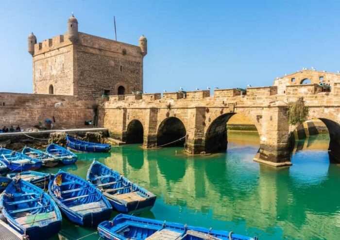 The Skala harbour and blue fishing boats at Essaouira