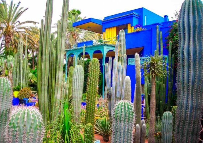 The cobalt blue villa and cactus garden at Jardin Majorelle, Marrakech