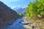 Ourika River flowing beneath canyon walls, with a snow-capped peak in the distance