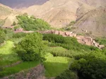 Red mudbrick Berber village surrounded by green terraced fields and walnut trees in the Imlil valley